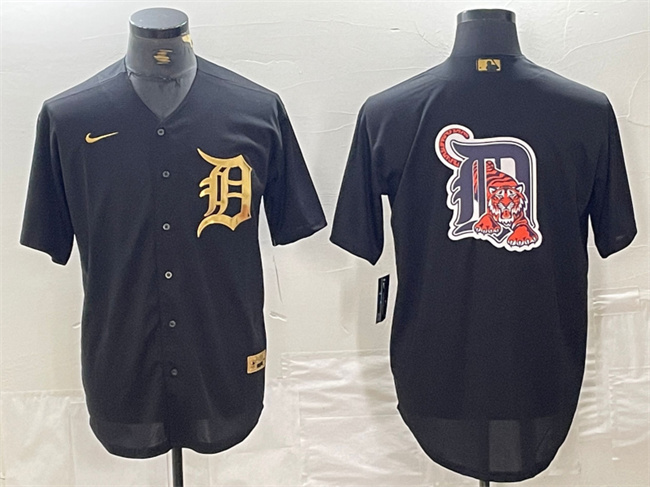 Personalized Men’s Detroit Tigers Black Team Big Logo Cool Base Stitched Baseball Jersey 3