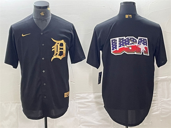 Personalized Men’s Detroit Tigers Black Team Big Logo Cool Base Stitched Baseball Jersey 5