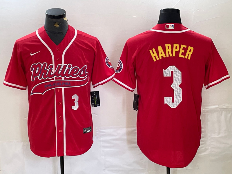 Personalized Men’s Philadelphia Phillies #3 Bryce Harper Red 2024 City Connect Stitched Jersey