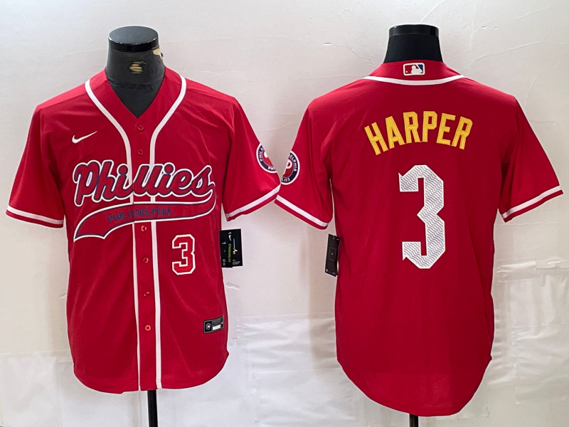 Personalized Men’s Philadelphia Phillies #3 Bryce Harper Red 2024 City Connect Stitched Jersey