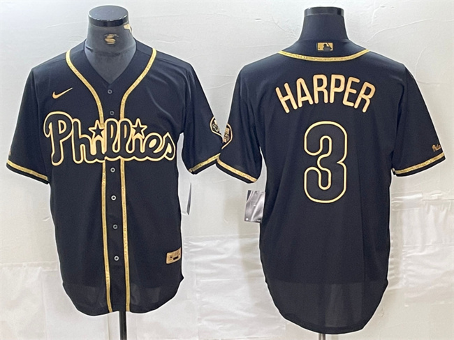 Personalized Men’s Philadelphia Phillies #3 Bryce Harper Black Gold Cool Base Stitched Baseball Jersey