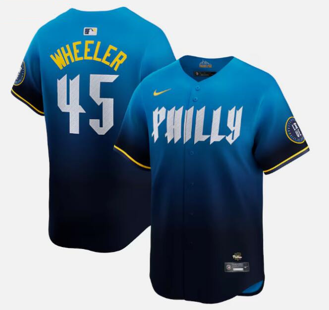 Personalized Men’s Philadelphia Phillies #45 Zack Wheeler Blue 2024 City Connect Limited Stitched Jersey