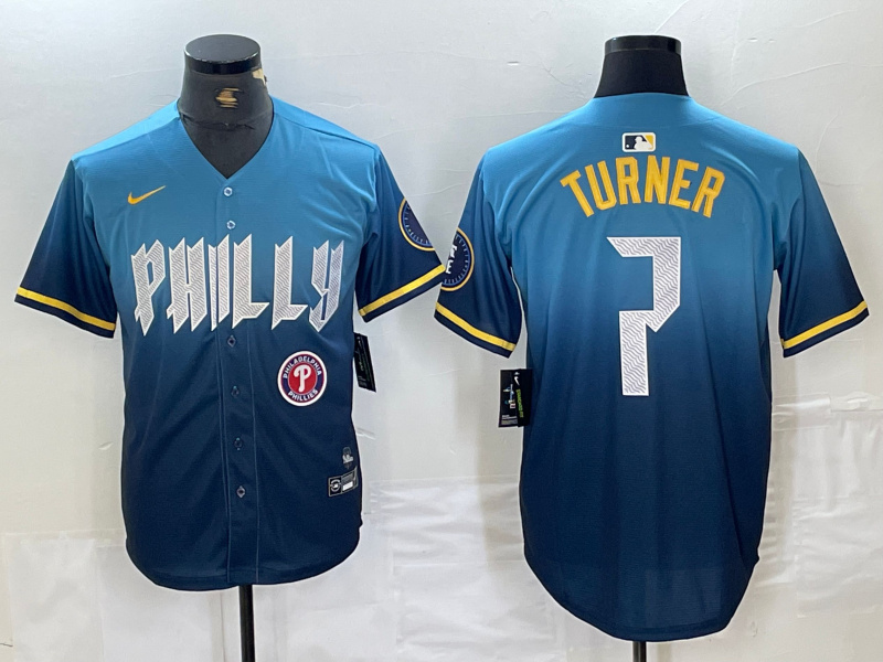 Personalized Men’s Philadelphia Phillies #7 Trea Turner Blue 2024 City Connect Limited Stitched Jersey