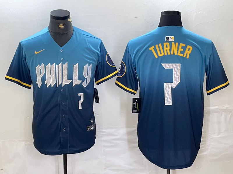 Personalized Men’s Philadelphia Phillies #7 Trea Turner Blue 2024 City Connect Limited Stitched Jersey