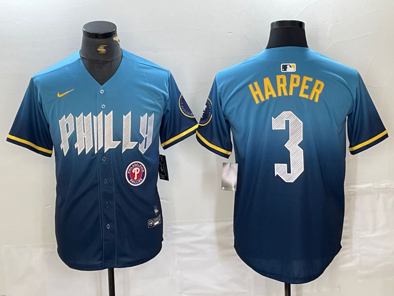 Personalized Men’s Philadelphia Phillies #3 Bryce Harper Blue 2024 City Connect Limited Stitched Jersey