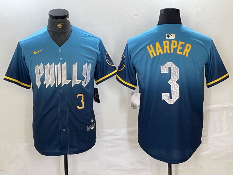 Personalized Men’s Philadelphia Phillies #3 Bryce Harper Blue 2024 City Connect Limited Stitched Jersey