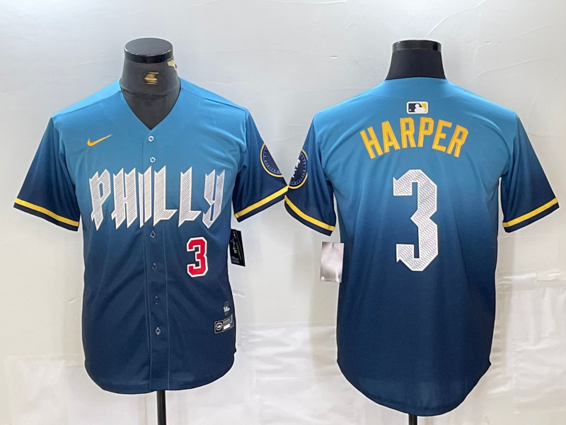 Personalized Men’s Philadelphia Phillies #3 Bryce Harper Blue 2024 City Connect Limited Stitched Jersey