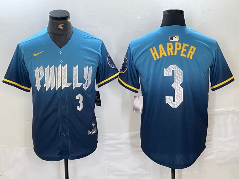 Personalized Men’s Philadelphia Phillies #3 Bryce Harper Blue 2024 City Connect Limited Stitched Jersey