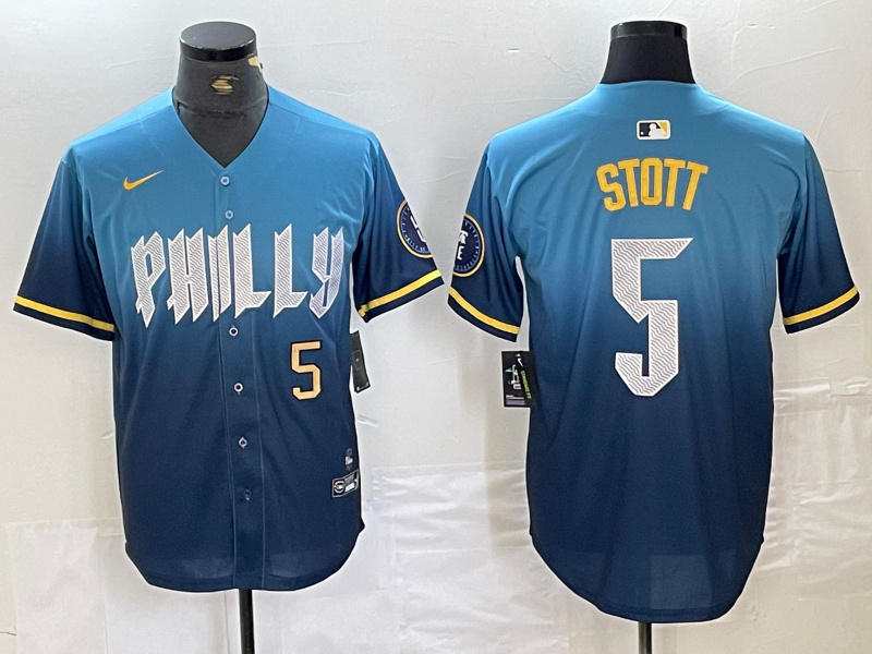Personalized Men’s Philadelphia Phillies #5 Bryson Stott Blue 2024 City Connect Limited Stitched Jersey