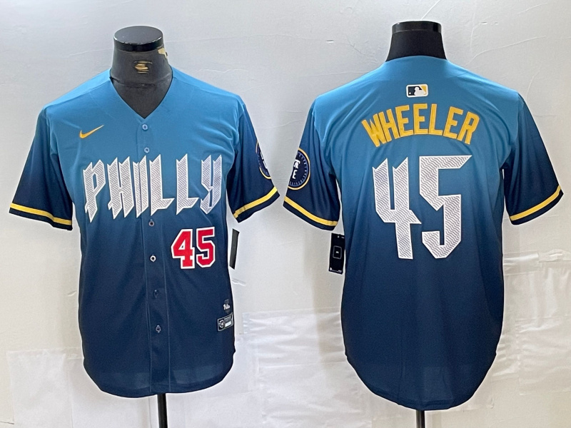 Personalized Men’s Philadelphia Phillies #45 Zack Wheeler Blue 2024 City Connect Limited Stitched Baseball Jersey