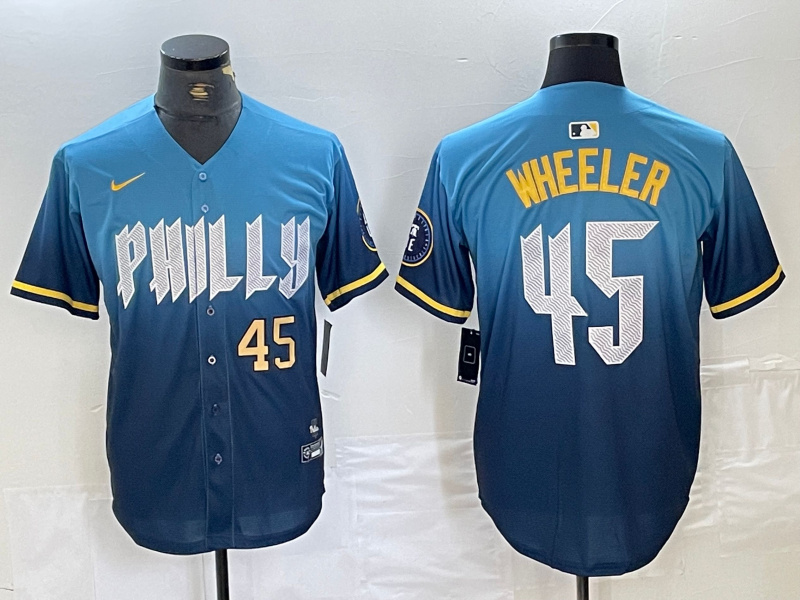 Personalized Men’s Philadelphia Phillies #45 Zack Wheeler Blue 2024 City Connect Limited Stitched Baseball Jersey