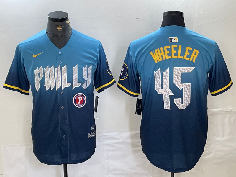 Personalized Men’s Philadelphia Phillies #45 Zack Wheeler Blue 2024 City Connect Limited Stitched Baseball Jersey