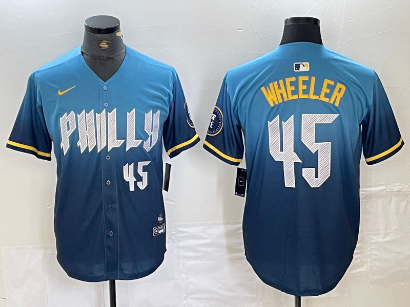 Personalized Men’s Philadelphia Phillies #45 Zack Wheeler Blue 2024 City Connect Limited Stitched Baseball Jersey