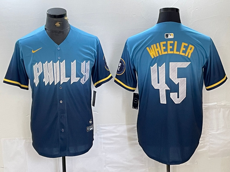 Personalized Men’s Philadelphia Phillies #45 Zack Wheeler Blue 2024 City Connect Limited Stitched Baseball Jersey
