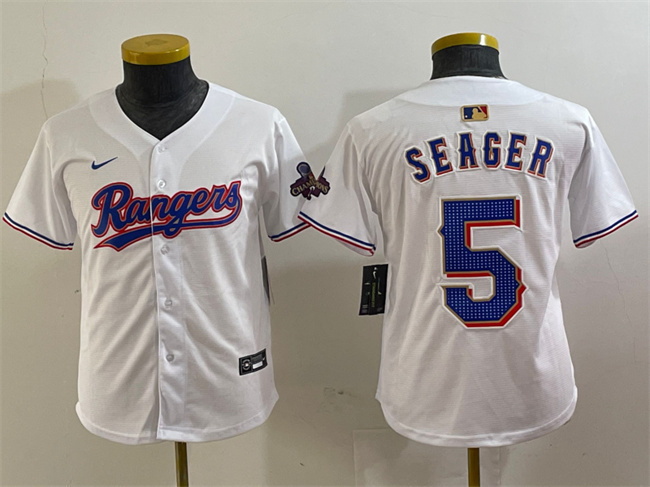 Personalized Youth Texas Rangers #5 Corey Seager White Gold Stitched Baseball Jersey
