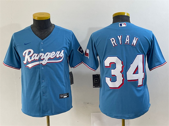 Personalized Youth Texas Rangers #34 Nolan Ryan Blue With Patch Stitched Baseball Jersey