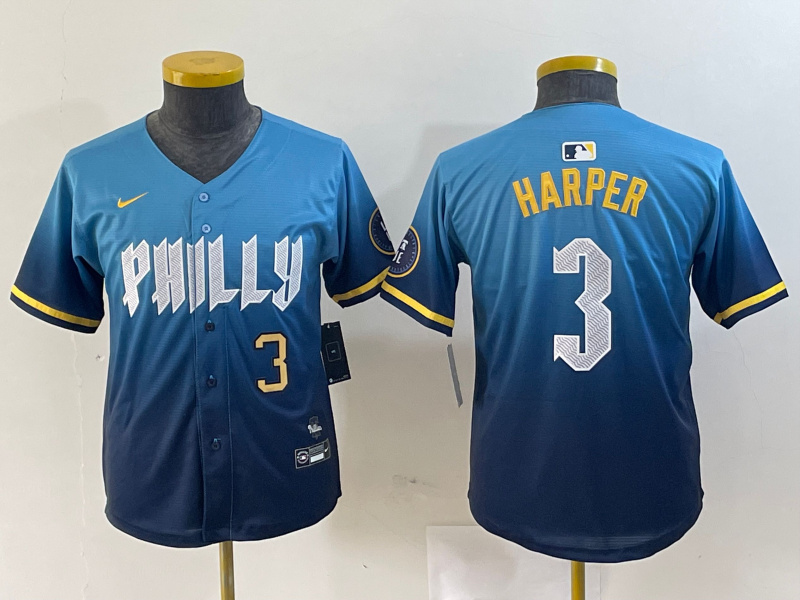 Personalized Youth Philadelphia Phillies #3 Bryce Harper Blue 2024 City Connect Limited Stitched Jersey