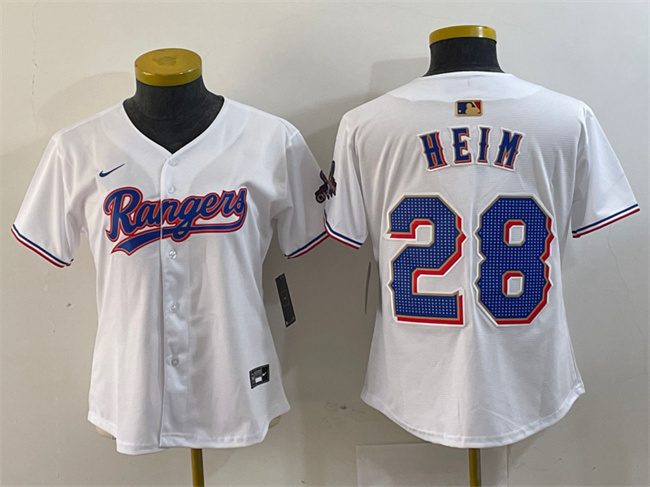 Personalized Women’s Texas Rangers #28 Jonah Heim White Gold Stitched Baseball Jersey(Run Small)