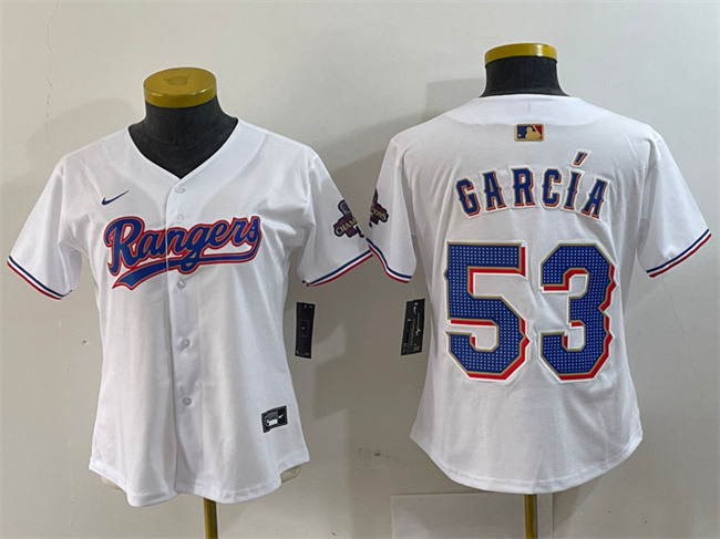 Personalized Women’s Texas Rangers #53 Adolis Garcia White Gold Stitched Baseball Jersey(Run Small)
