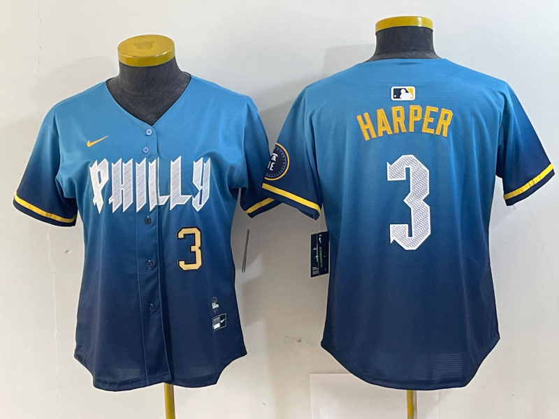 Personalized Women Philadelphia Phillies #3 Bryce Harper Blue 2024 City Connect Limited Stitched Jersey