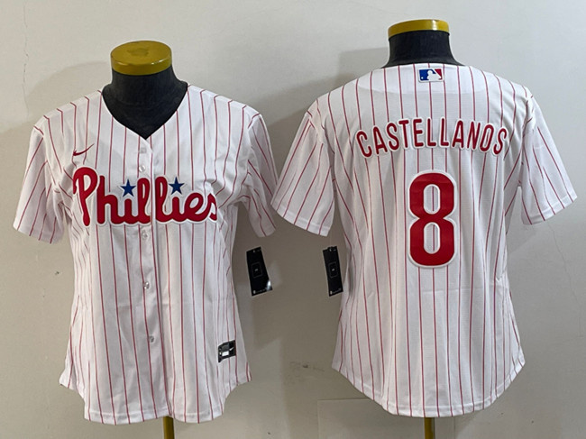 Personalized Women’s Philadelphia Phillies #8 Nick Castellanos White Stitched Baseball Jersey(Run Small)