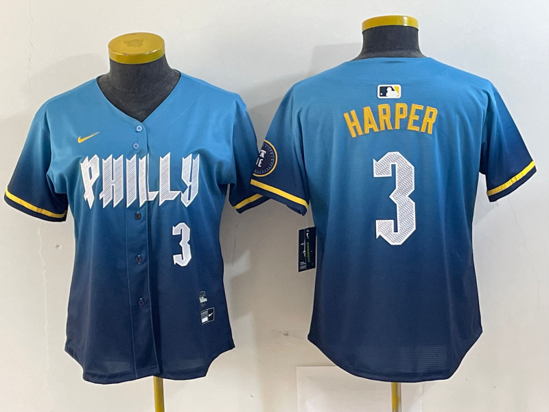 Personalized Women Philadelphia Phillies #3 Bryce Harper Blue 2024 City Connect Limited Stitched Jersey