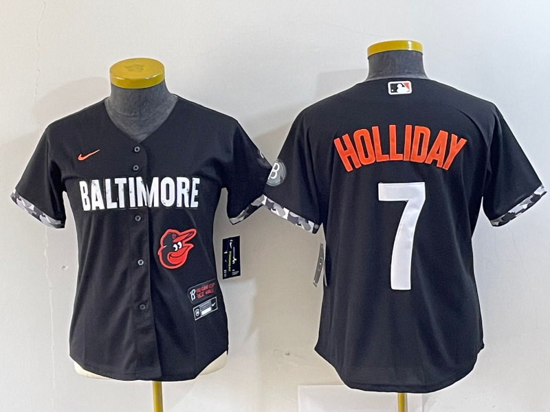 Personalized Women Baltimore Orioles #7 Jackson Holliday Black 2023 City Connect Cool base jerseys