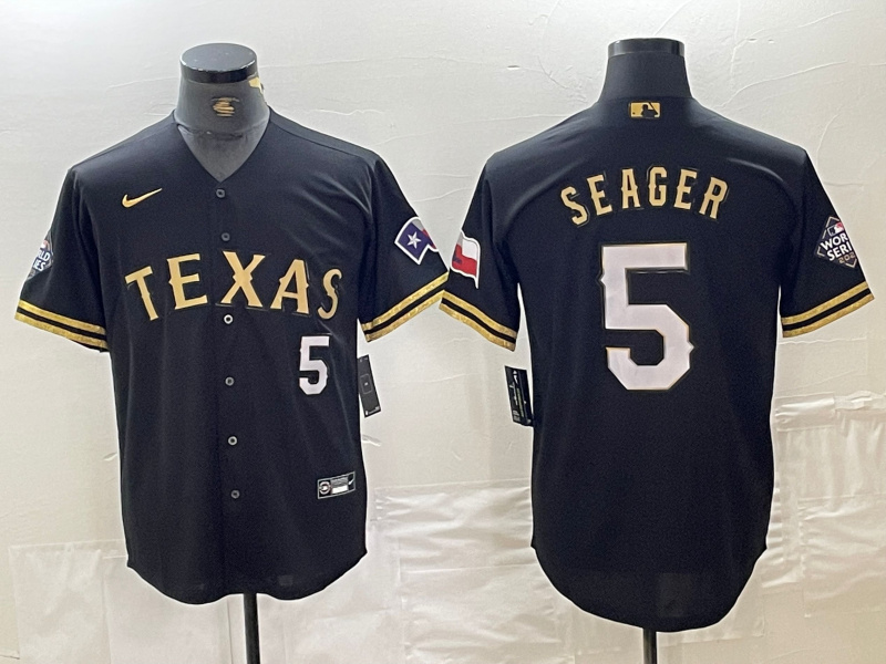 Personalized Men’s Texas Rangers #5 Corey Seager Number Black Gold Cool Base jerseys
