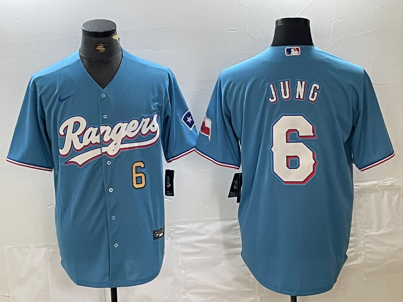 Personalized Men’s Texas Rangers #6 Josh Jung Number Light Blue Team Logo Cool Base Jersey
