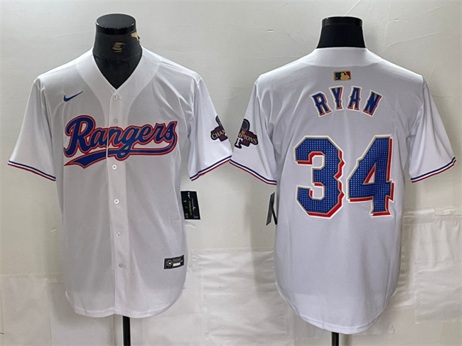 Personalized Men’s Texas Rangers #34 Nolan Ryan White Gold Cool Base Stitched Baseball Jersey