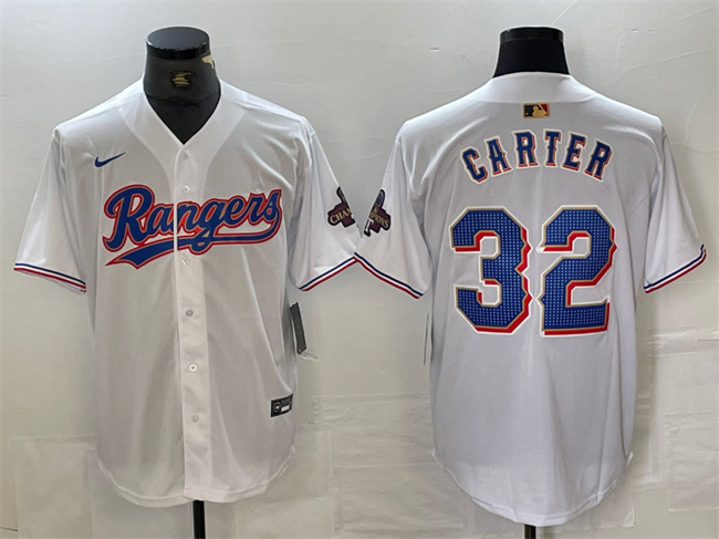 Personalized Men’s Texas Rangers #32 Evan Carter White Gold Cool Base Stitched Baseball Jersey