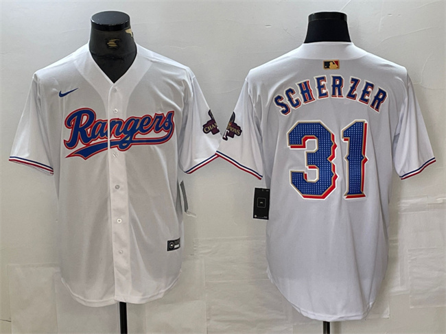 Personalized Men’s Texas Rangers #31 Max Scherzer White Gold Cool Base Stitched Baseball Jersey