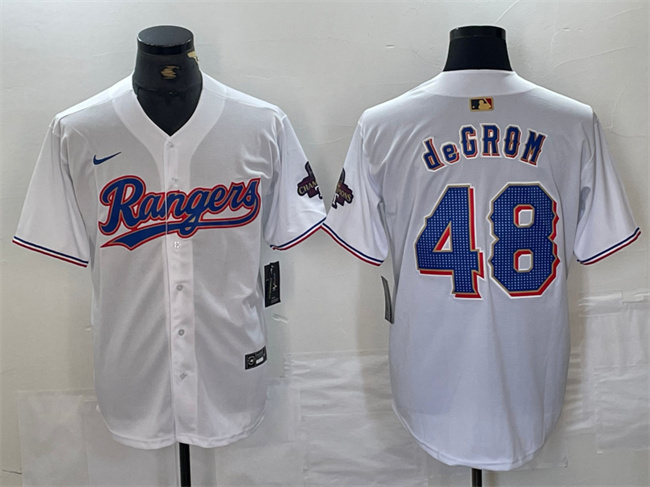 Personalized Men’s Texas Rangers #48 Jacob DeGrom White Gold Cool Base Stitched Baseball Jersey