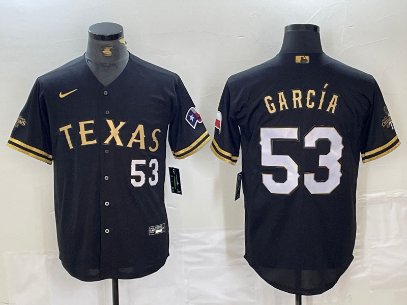 Personalized Men’s Texas Rangers #53 Adolis Garcia Black Gold Cool Base Stitched Baseball Jersey