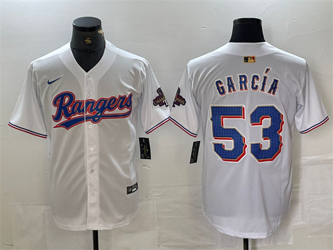 Personalized Men’s Texas Rangers #53 Adolis García White Gold Cool Base Stitched Baseball Jersey