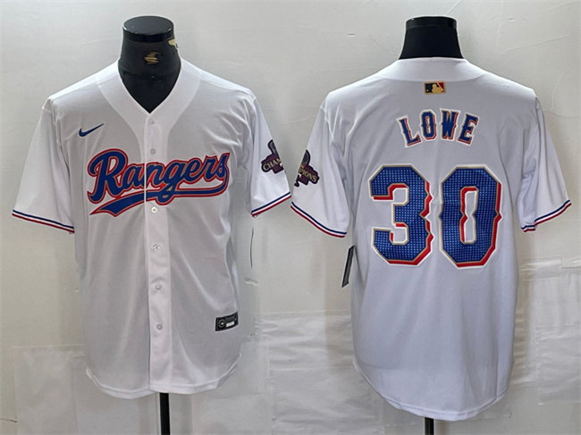 Personalized Men’s Texas Rangers #30 Nathaniel Lowe White Gold Cool Base Stitched Baseball Jersey