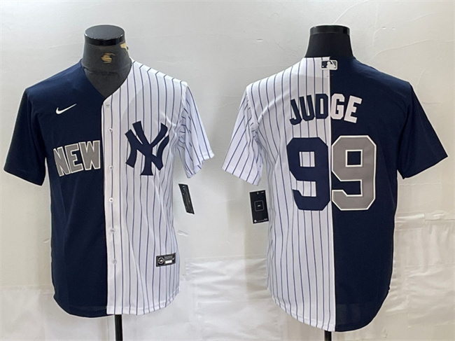 Personalized Men’s New York Yankees #99 Aaron Judge Navy White Split Cool Base Stitched Baseball Jersey
