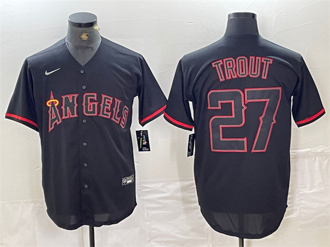 Personalized Men’s Los Angeles Angels #27 Mike Trout Black Red Cool Base Stitched Baseball Jersey