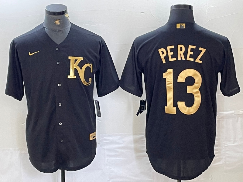 Personalized Men’s Kansas City Royals #13 Salvador Perez Black Gold Cool Base Stitched Jersey