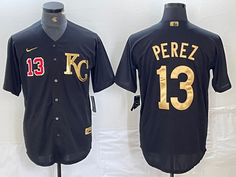 Personalized Men’s Kansas City Royals #13 Salvador Perez Black Gold Cool Base Stitched Jersey5
