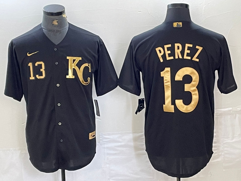 Personalized Men’s Kansas City Royals #13 Salvador Perez Black Gold Cool Base Stitched Jersey 2