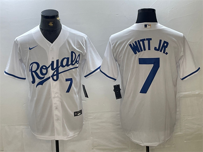 Personalized Men’s Kansas City Royals #7 Bobby Witt Jr. White With Patch Cool Base Stitched Baseball Jersey