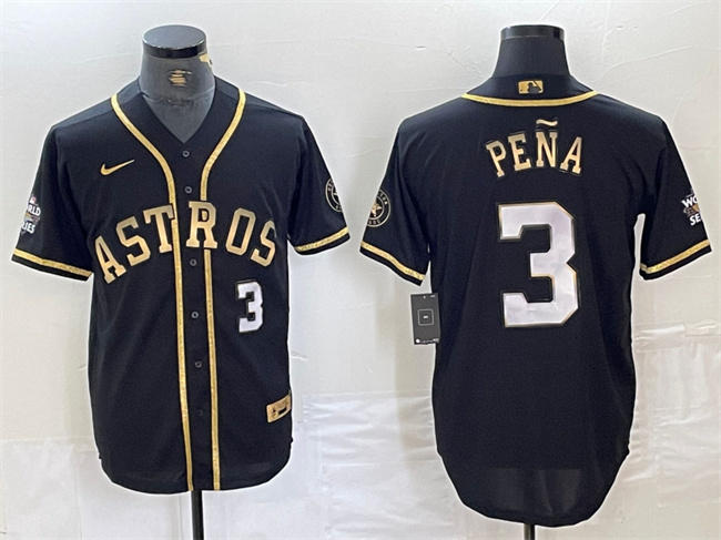 Personalized Men’s Houston Astros #3 Jeremy Peña Black Gold 2022 World Series Stitched Baseball Jersey