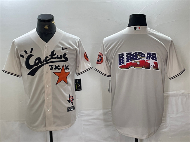 Personalized Men’s Houston Astros Team Big Logo Cream Cactus Jack Premier Limited Stitched Baseball Jersey