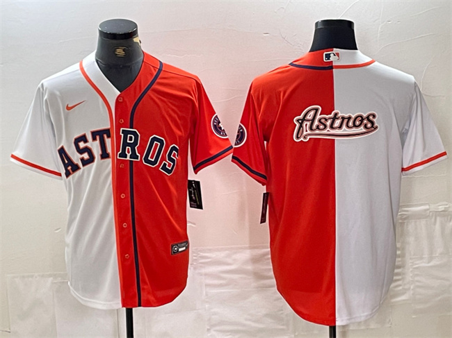 Personalized Men’s Houston Astros White Orange Split Team Big Logo With Patch Cool Base Stitched Baseball Jersey1