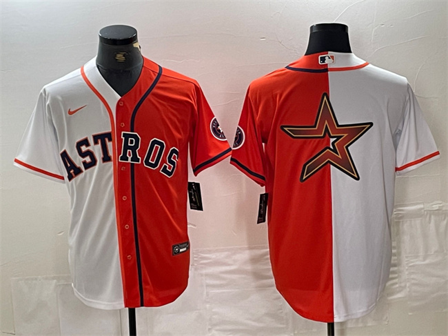 Personalized Men’s Houston Astros White Orange Split Team Big Logo With Patch Cool Base Stitched Baseball Jersey4