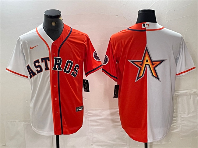 Personalized Men’s Houston Astros White Orange Split Team Big Logo With Patch Cool Base Stitched Baseball Jersey 5