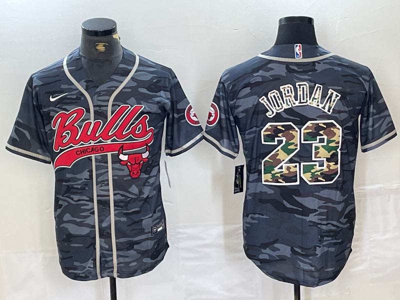 Personalized Men’s Chicago Bulls #23 Michael Jordan Gray Camo Cool Base Stitched Baseball Jersey