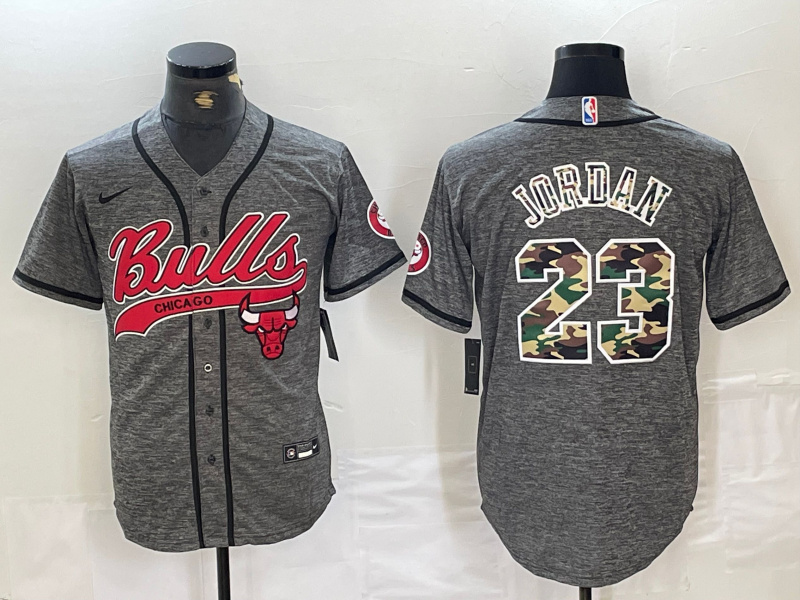 Personalized Men’s Chicago Bulls #23 Michael Jordan Gray Camo Cool Base Stitched Baseball Jersey 3