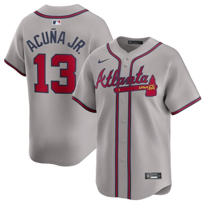Personalized Men’s Atlanta Braves #13 Ronald Acuña Jr. Grey 2024 Away Limited Stitched Baseball Jersey